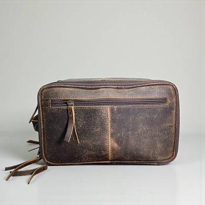 Brown leather toiletry bag