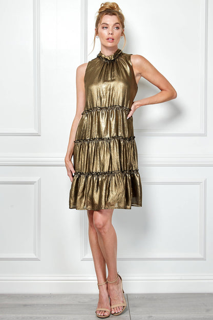 OVERLAY FOIL SLVLESS 3 TIER DRESS W/NECK RUFFLE G1045109F