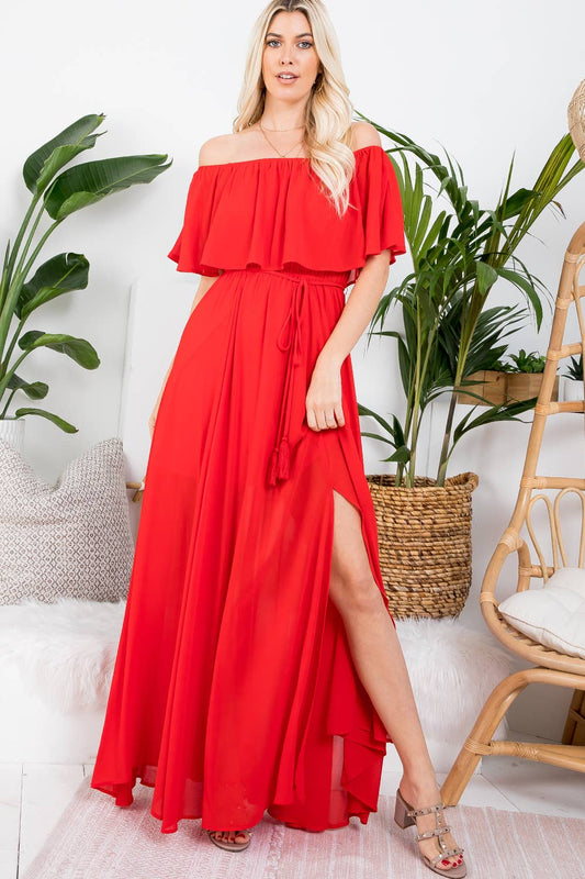 OFF-SHOULDER MAXI DRESS: POPPY RED