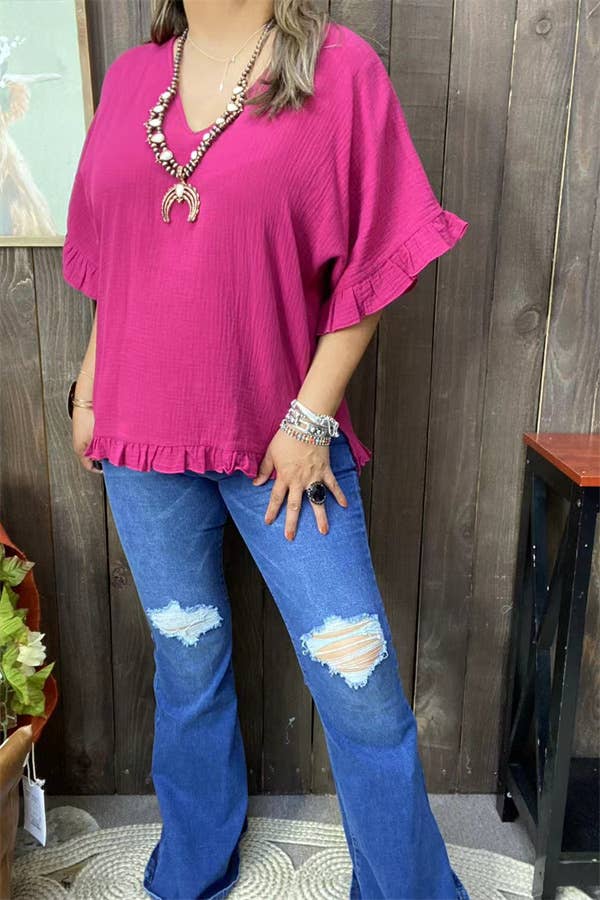 Plum Bell w/ruffle short sleeve blouse