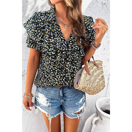 Black Floral Printed Ruffle Sleeve V Neck Loose Blouse