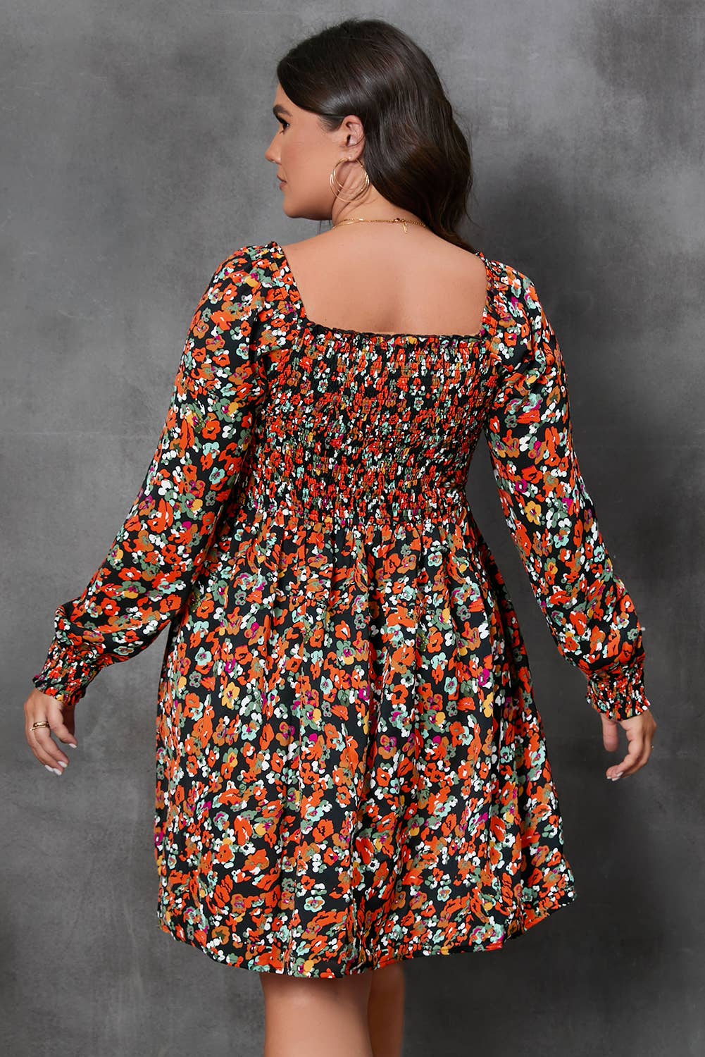 Multicolor Plus Size Smocked Long Sleeve Floral Dress