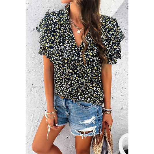 Black Floral Printed Ruffle Sleeve V Neck Loose Blouse