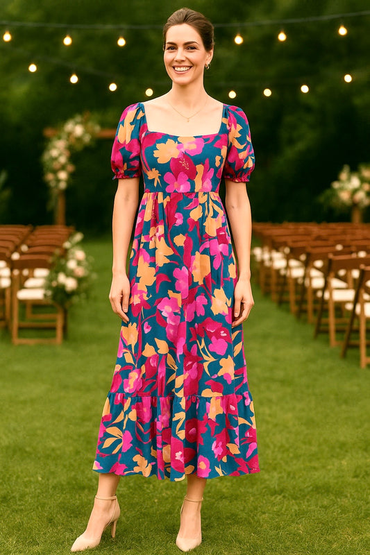Square Neck Bubble Sleeve Ruffled Floral Dress