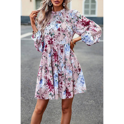 Floral Print Tiered Sleeve Ruffle Hem Smock Dress: PINK