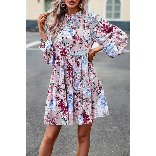 Floral Print Tiered Sleeve Ruffle Hem Smock Dress: PINK