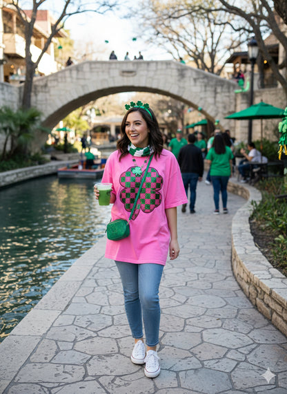 Checkered Shamrock Sequin Patch Neon Pink Shirt