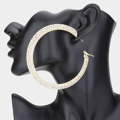 Crystal Rhinestone 3.25 Inch Hoop Earrings
: Gold