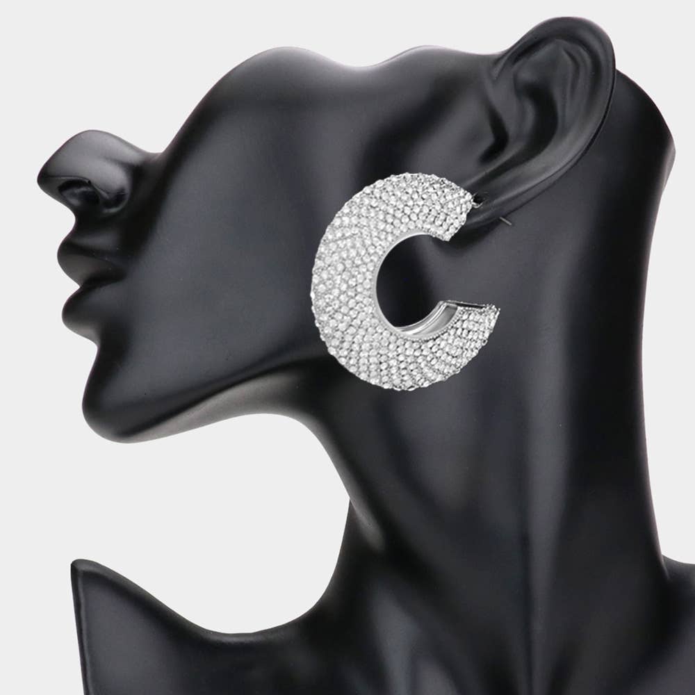 Rhinestone Studded Evening Hoop Earrings: Silver