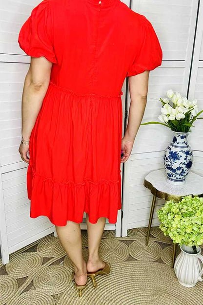 Short sleeve red tiered women's dress