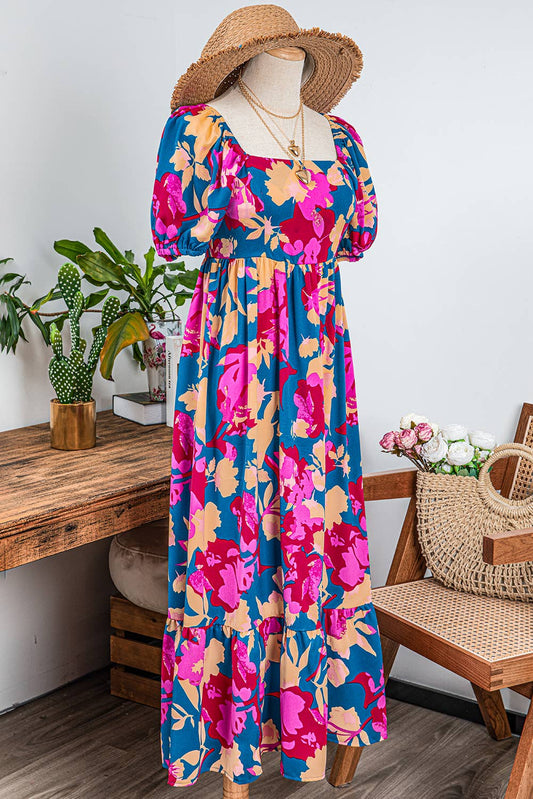 Square Neck Bubble Sleeve Ruffled Floral Dress