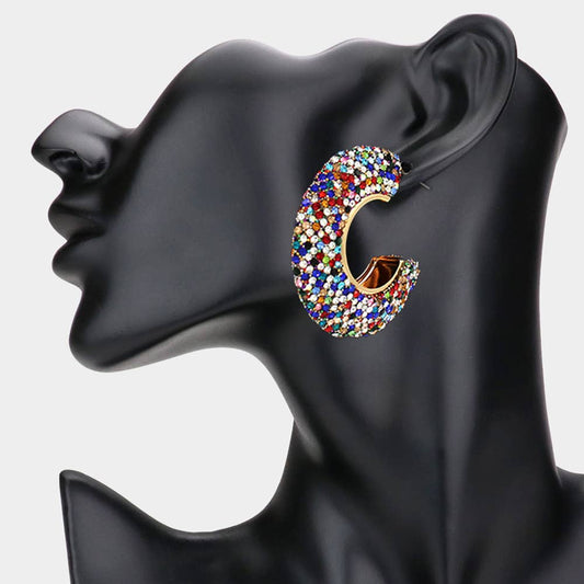 Rhinestone Studded Evening Hoop Earrings: Multi-Colored