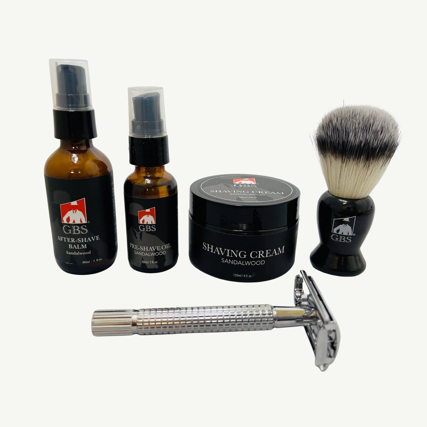 5 Piece shaving Kit - balm, brush, oil, razor, cream & bag