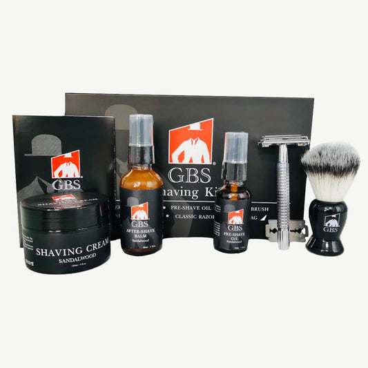 5 Piece shaving Kit - balm, brush, oil, razor, cream & bag