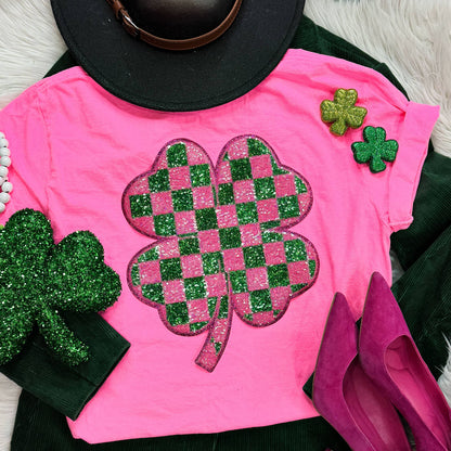Checkered Shamrock Sequin Patch Neon Pink Shirt