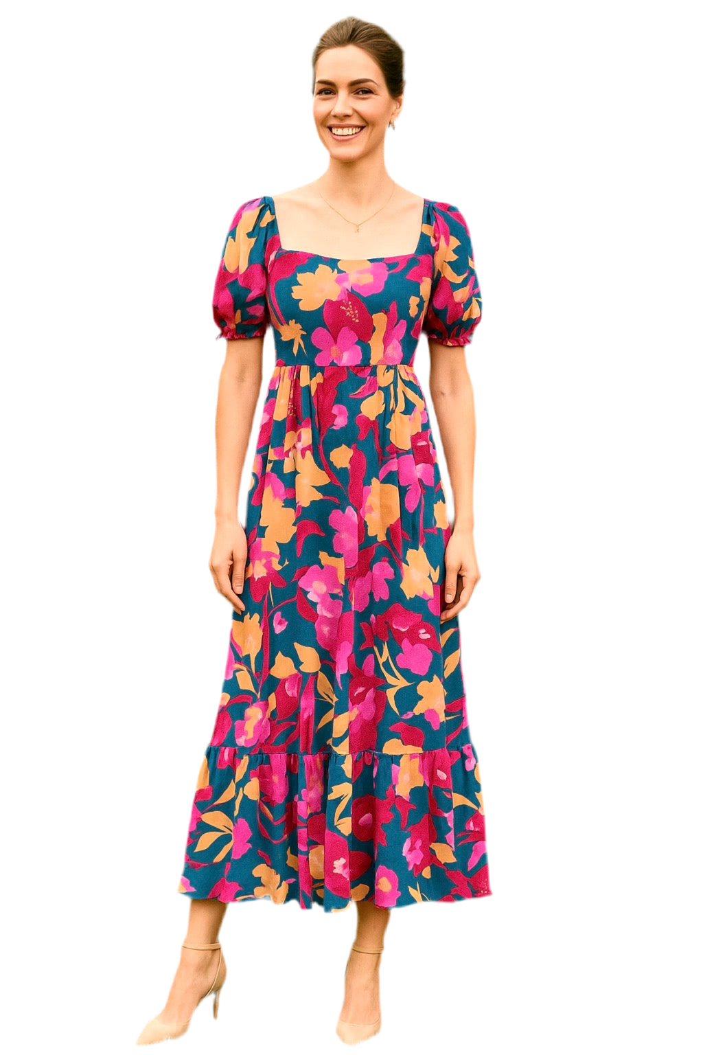 Square Neck Bubble Sleeve Ruffled Floral Dress