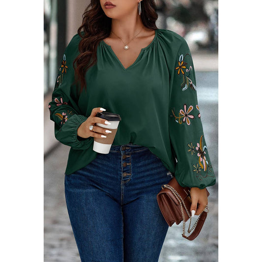 Plus Floral Print V Cut Loose Fit Ruched Blouse