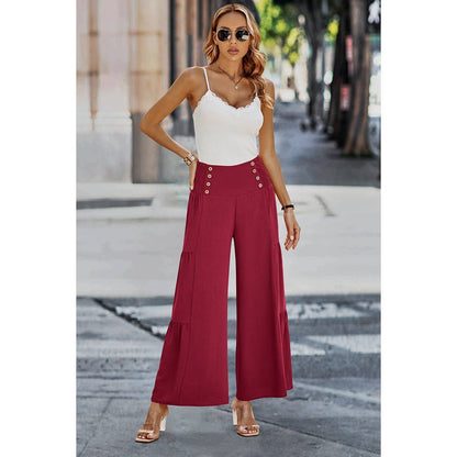 Solid Ruffle Button Wide Leg Pant