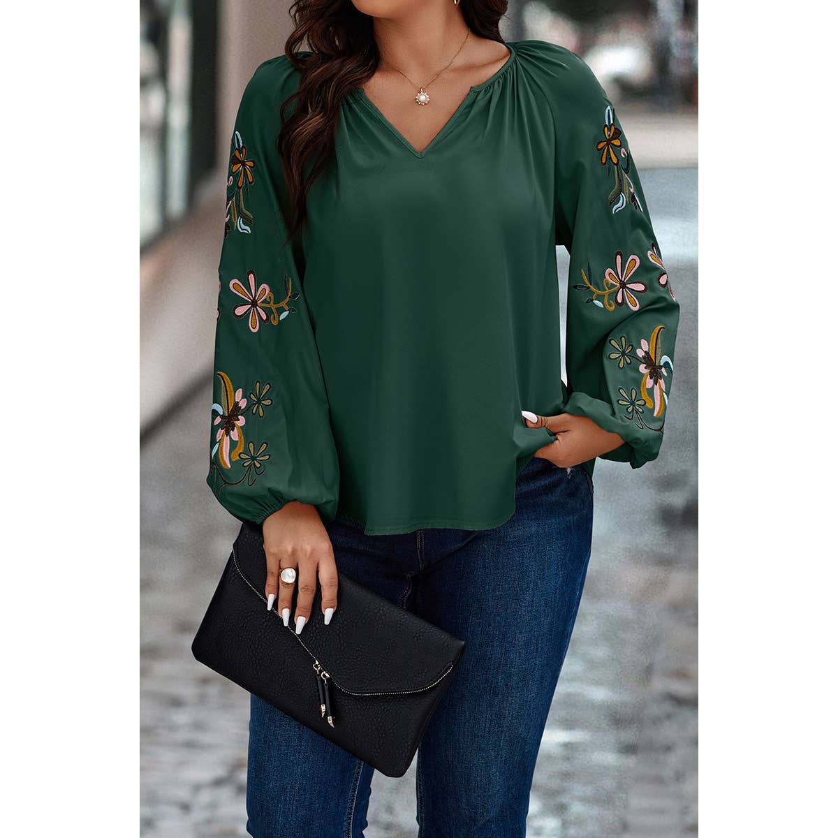 Plus Floral Print V Cut Loose Fit Ruched Blouse