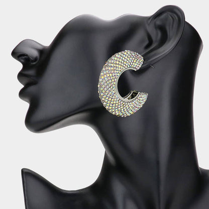 Rhinestone Studded Evening Hoop Earrings: Silver