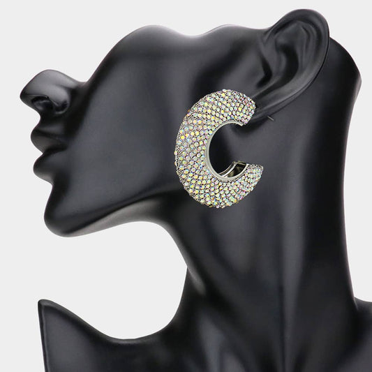 Rhinestone Studded Evening Hoop Earrings: Silver