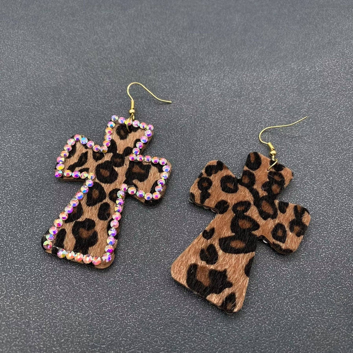 Rhinestone Leopard Print PU Leather Cross Dangle Earrings