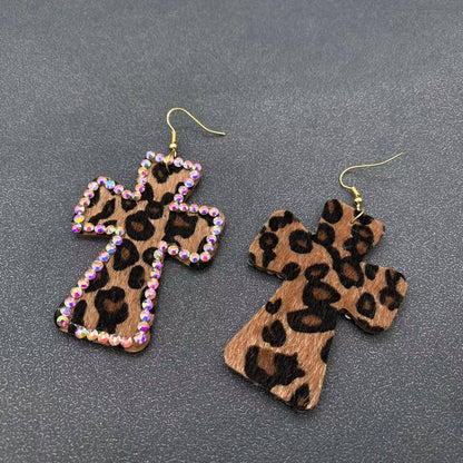 Rhinestone Leopard Print PU Leather Cross Dangle Earrings