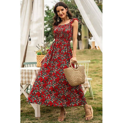 Floral Shirred Sleeveless High Waist A Line Dress: RED