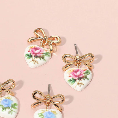 Floral Heart Ceramic Dangle Bow Earrings: Gold,Pink