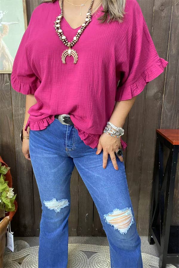 Plum Bell w/ruffle short sleeve blouse