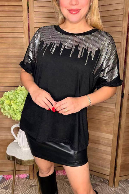 Silver sequin & black short sleeve women top