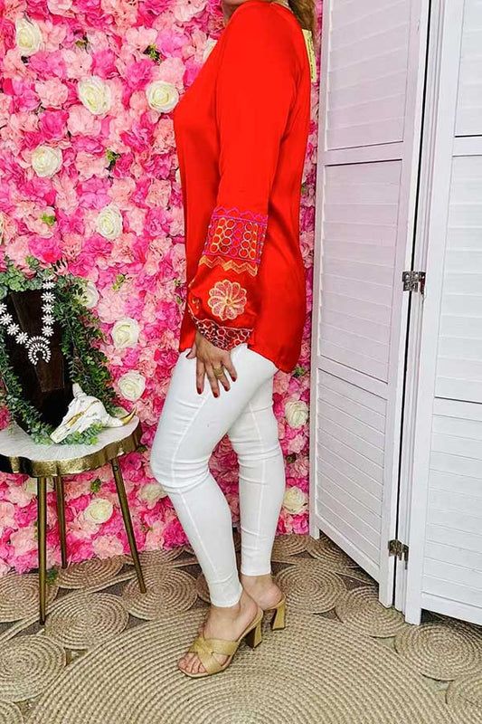 Red Embroidered Sleeve Blouse