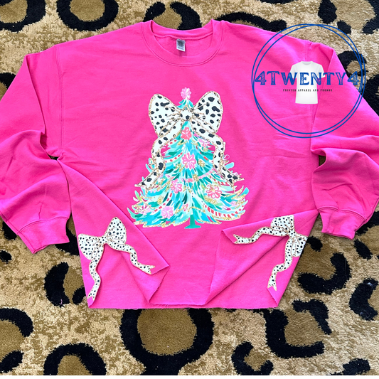 Watercolor Christmas Tree with Side Coquette Bow Sweatshirt - Pink