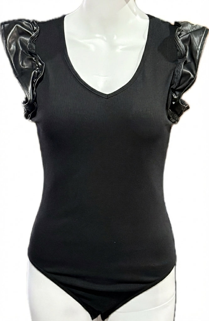 Onyx Ruffle Sleeve Ribbed Bodysuit
