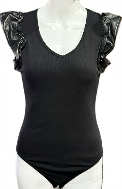 Onyx Ruffle Sleeve Ribbed Bodysuit