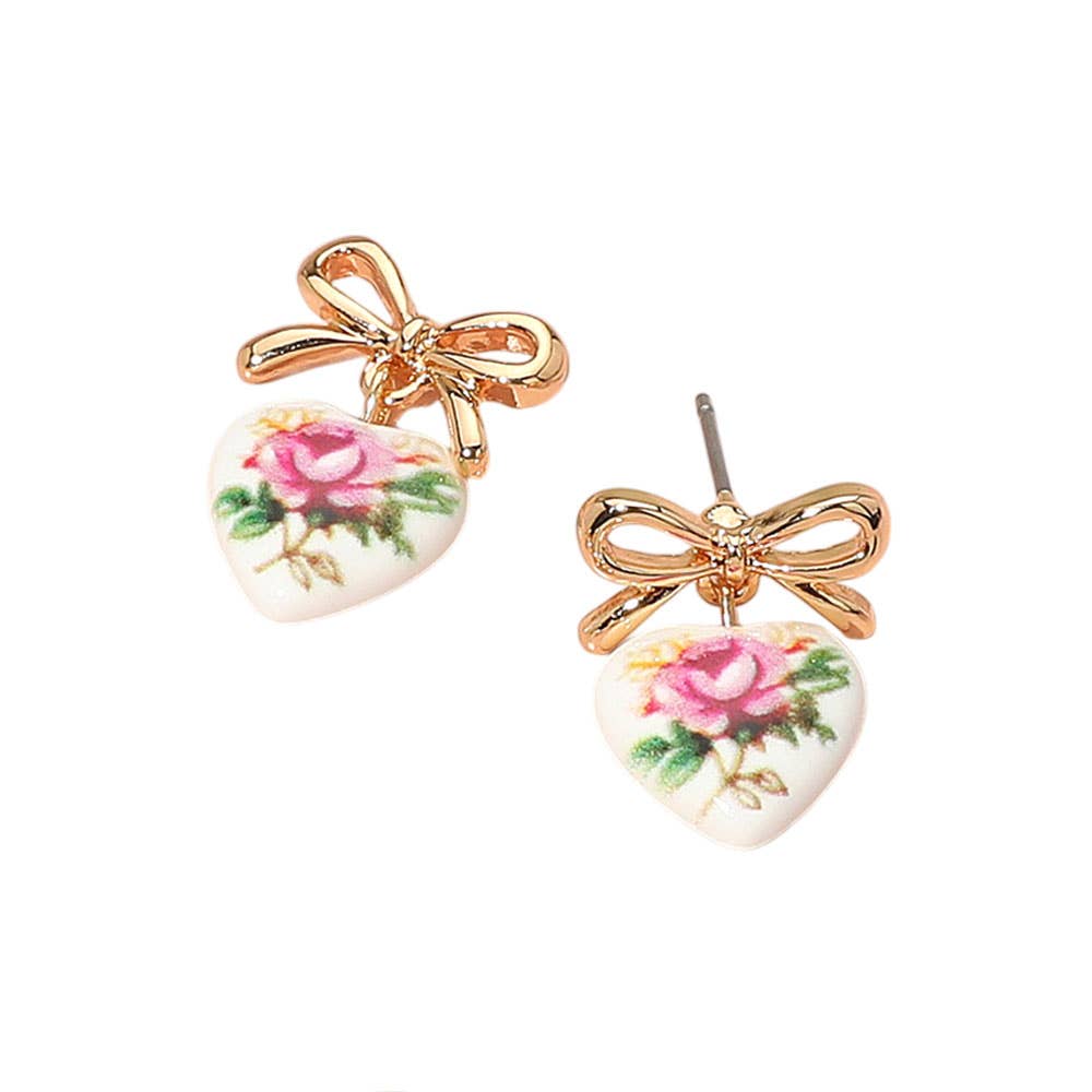 Floral Heart Ceramic Dangle Bow Earrings: Gold,Pink