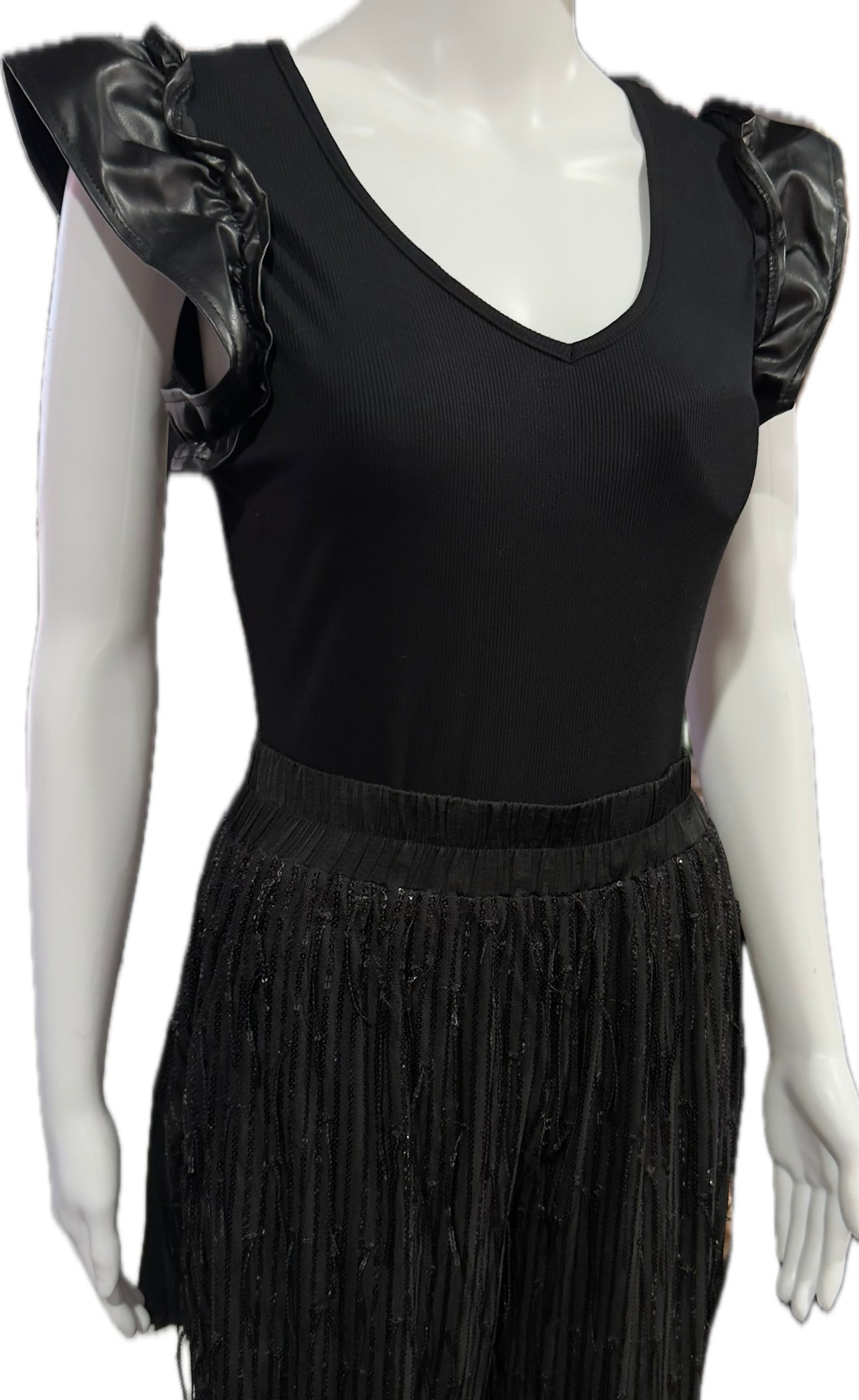 Onyx Ruffle Sleeve Ribbed Bodysuit