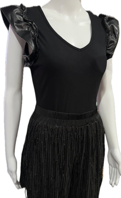 Onyx Ruffle Sleeve Ribbed Bodysuit