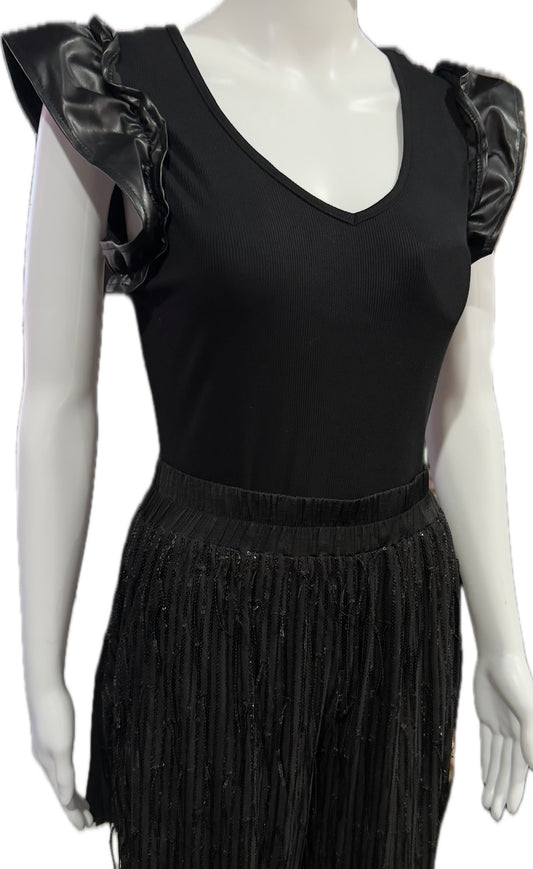 Onyx Ruffle Sleeve Ribbed Bodysuit
