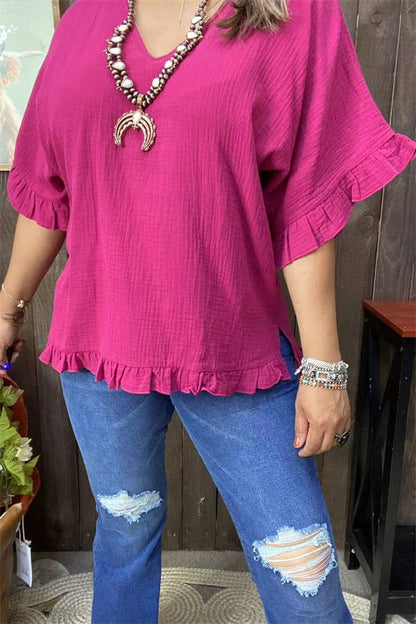 Plum Bell w/ruffle short sleeve blouse