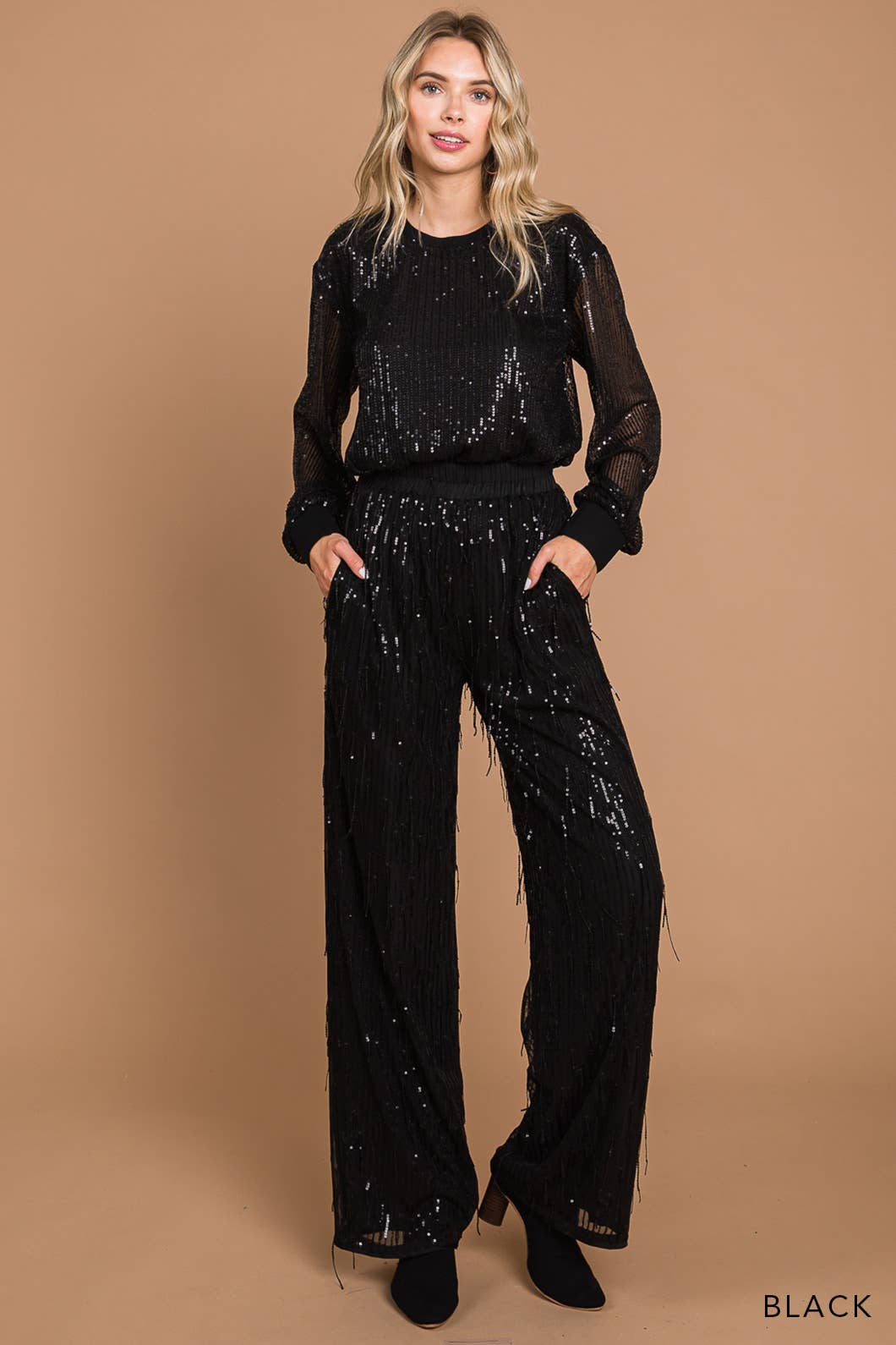 Women's Sequin Fabric Wide Leg Pants