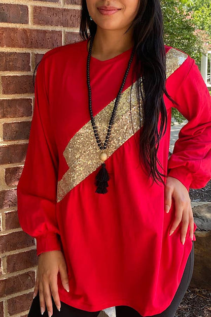 BQ11979 Red long sleeve blouse w/gold sequin