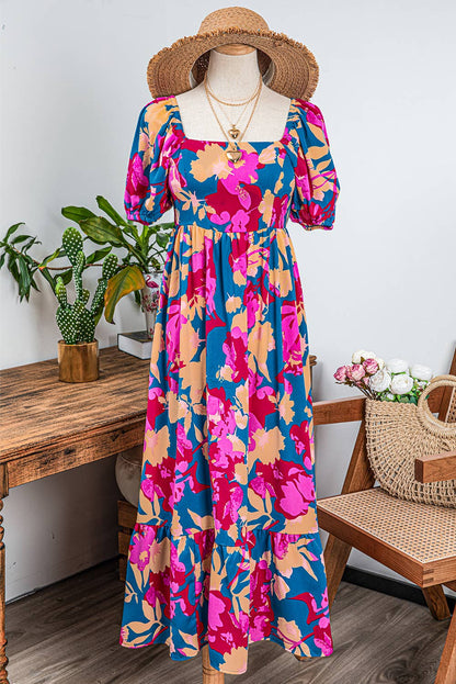 Square Neck Bubble Sleeve Ruffled Floral Dress