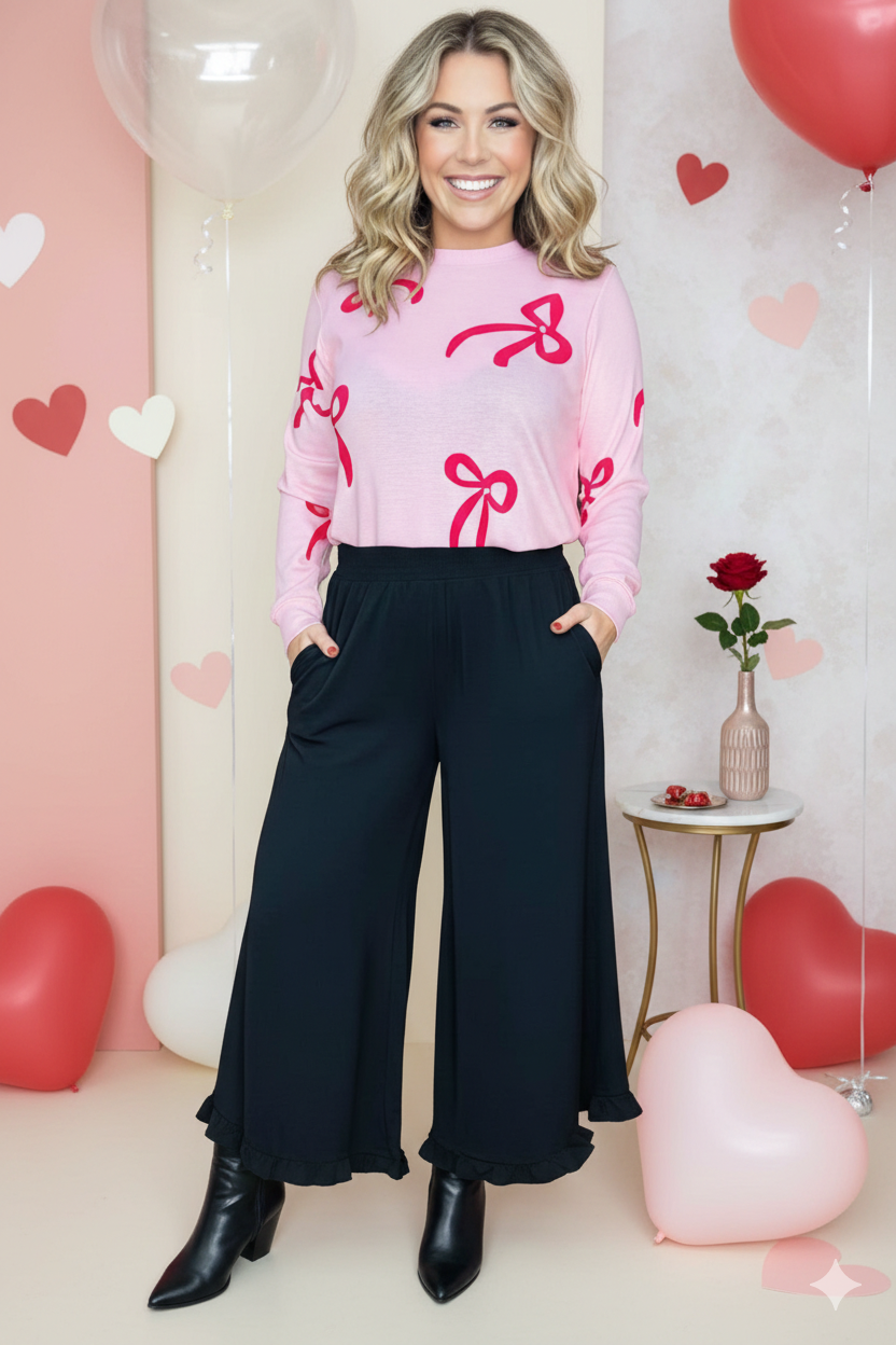 Solid color black ruffles wide leg women pants