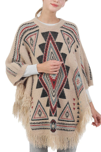 Aztec Tribal Print Knitted Pullover Sweater Poncho