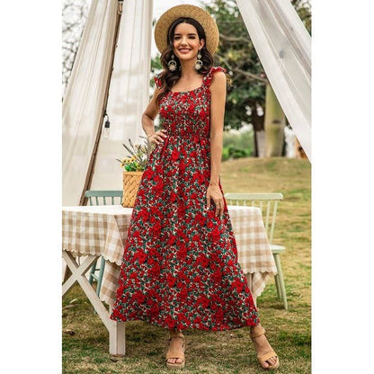 Floral Shirred Sleeveless High Waist A Line Dress: RED