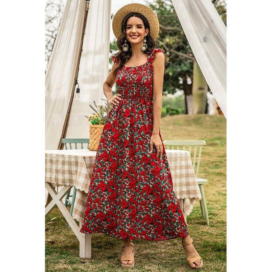 Floral Shirred Sleeveless High Waist A Line Dress: RED