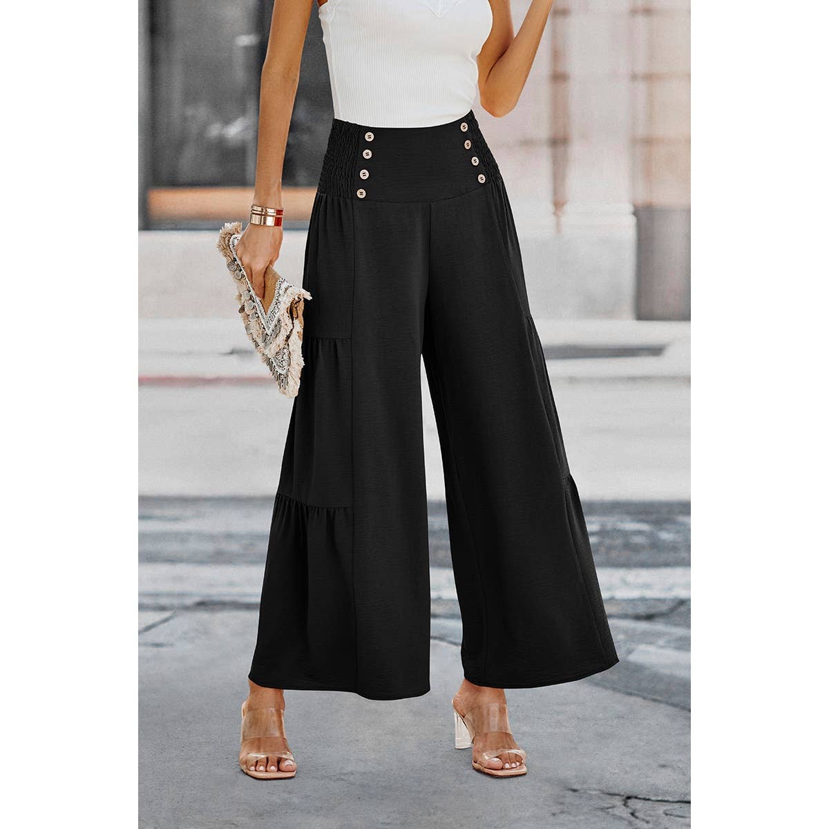 Solid Ruffle Button Wide Leg Pant