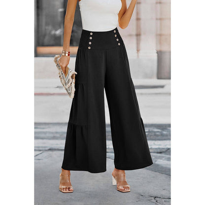 Solid Ruffle Button Wide Leg Pant