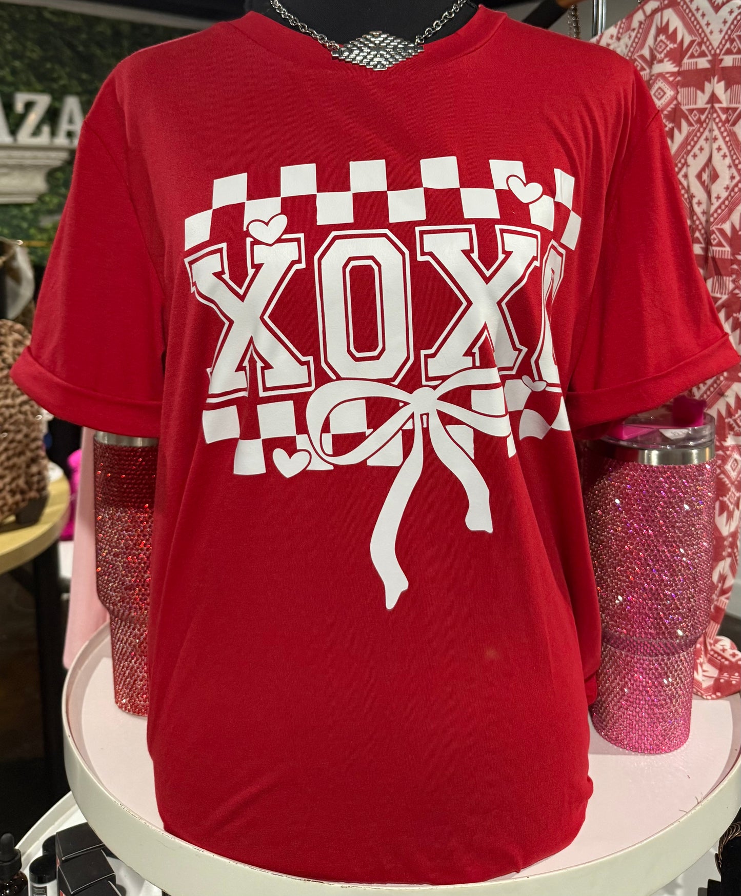 XOXO Checkered Ribbon Bow Print Valentines Day T Shirt/ SHORT Sleeve